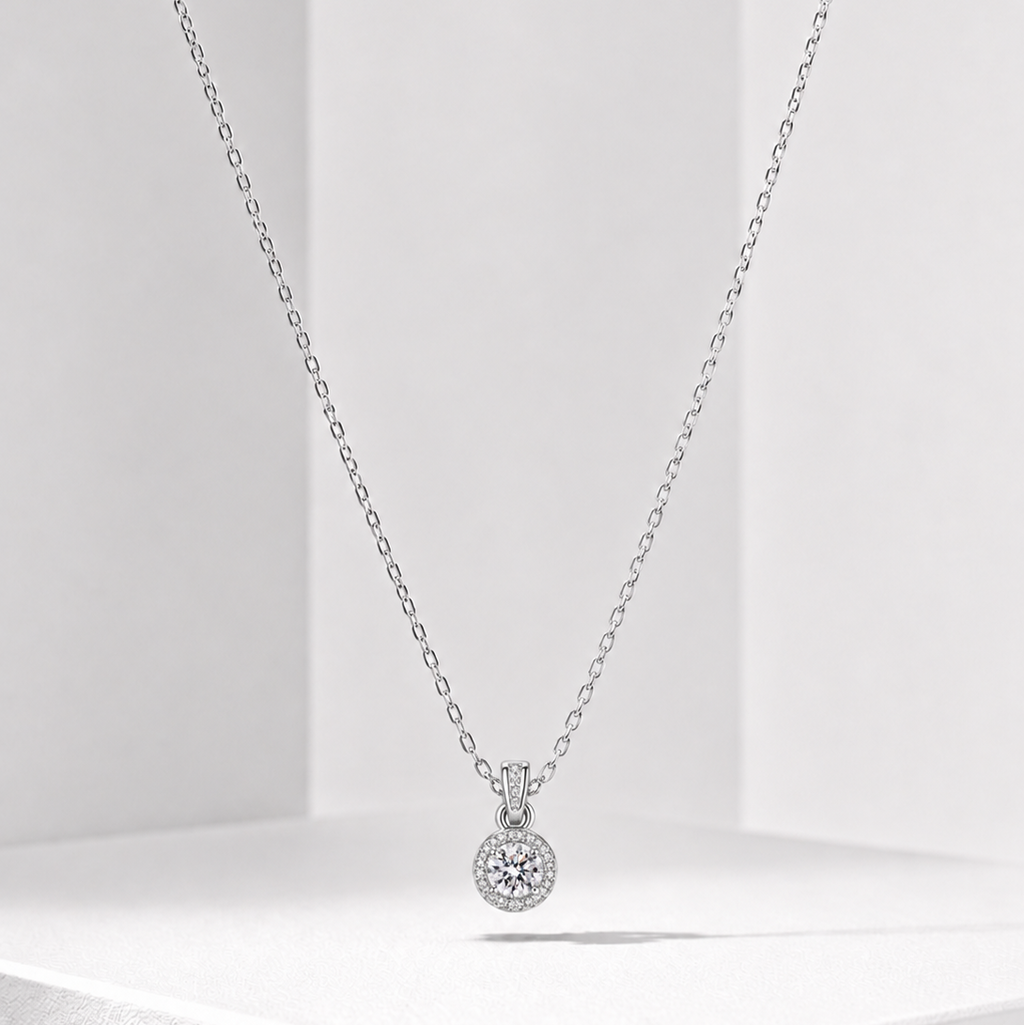 925 Sterling Silver Real Moissanite Round Halo Pendant Necklace Women Gift