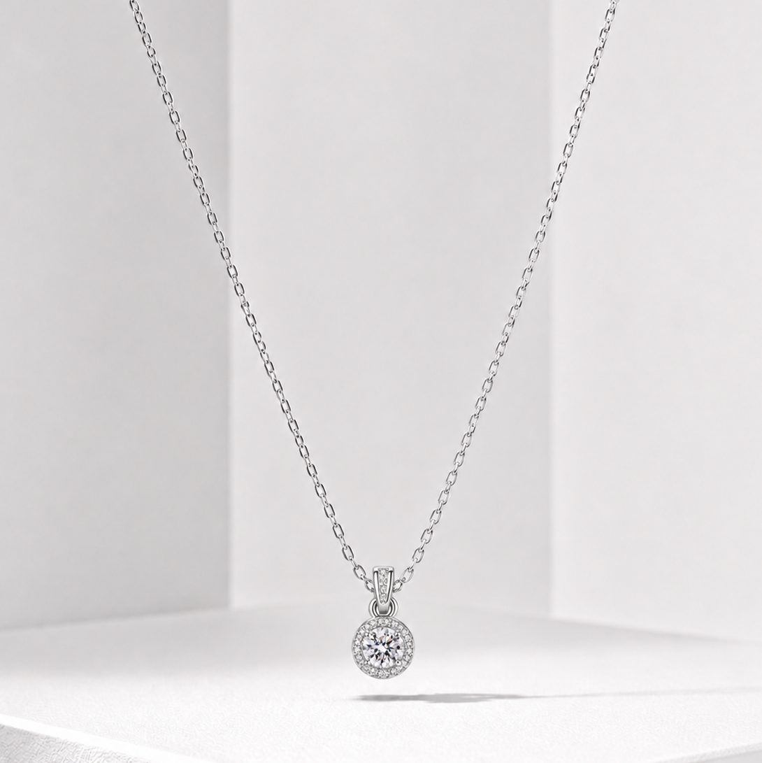 925 Sterling Silver Real Moissanite Round Halo Pendant Necklace Women Gift