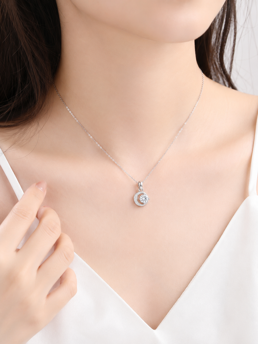 925 Sterling Silver D Color Moissanite Moon Halo Pendant Necklace Women Gift