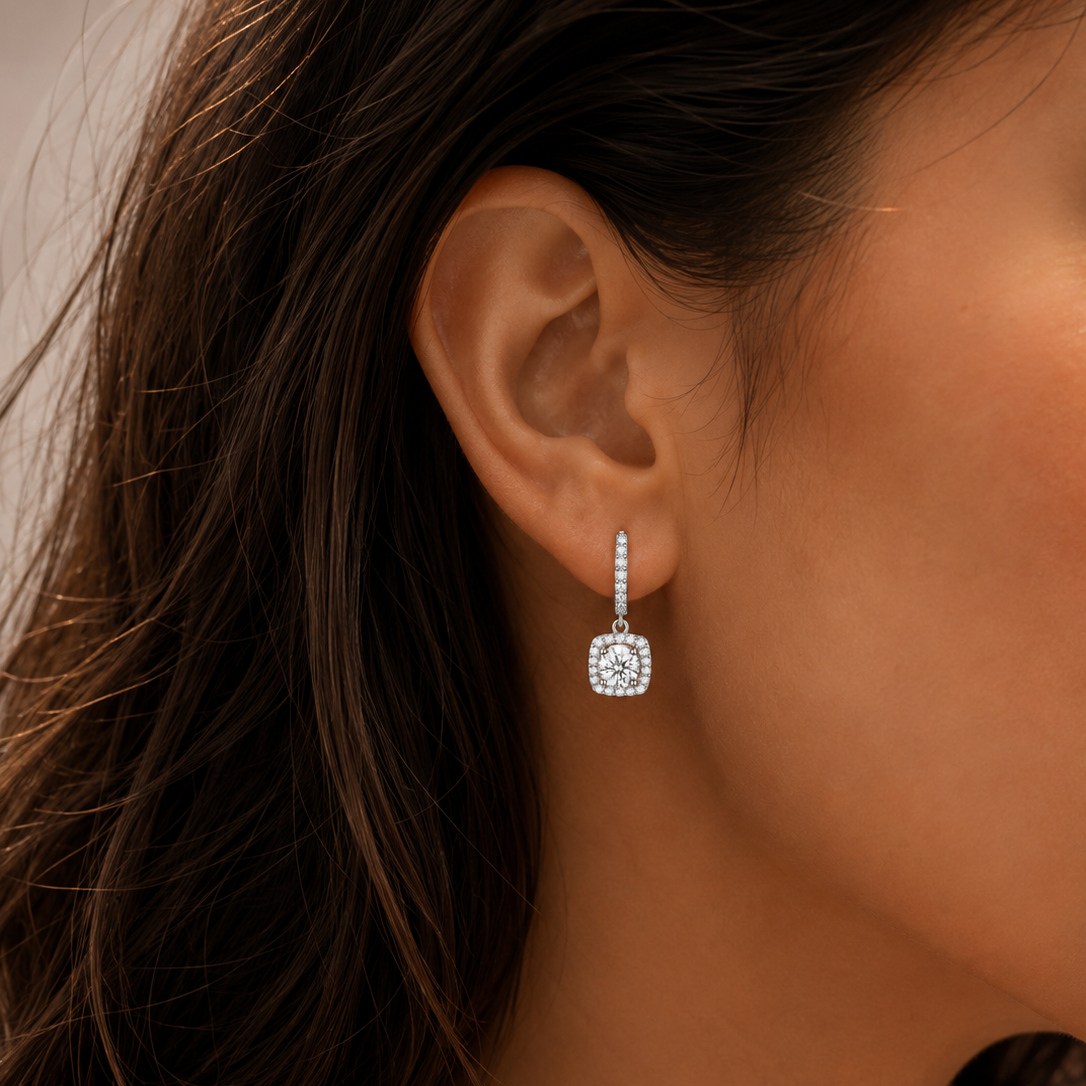 Square Halo Moissanite Earrings – Sterling Silver Diamond Alternative