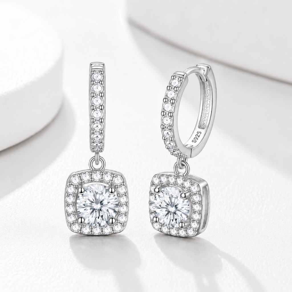Square Halo Moissanite Earrings – Sterling Silver Diamond Alternative