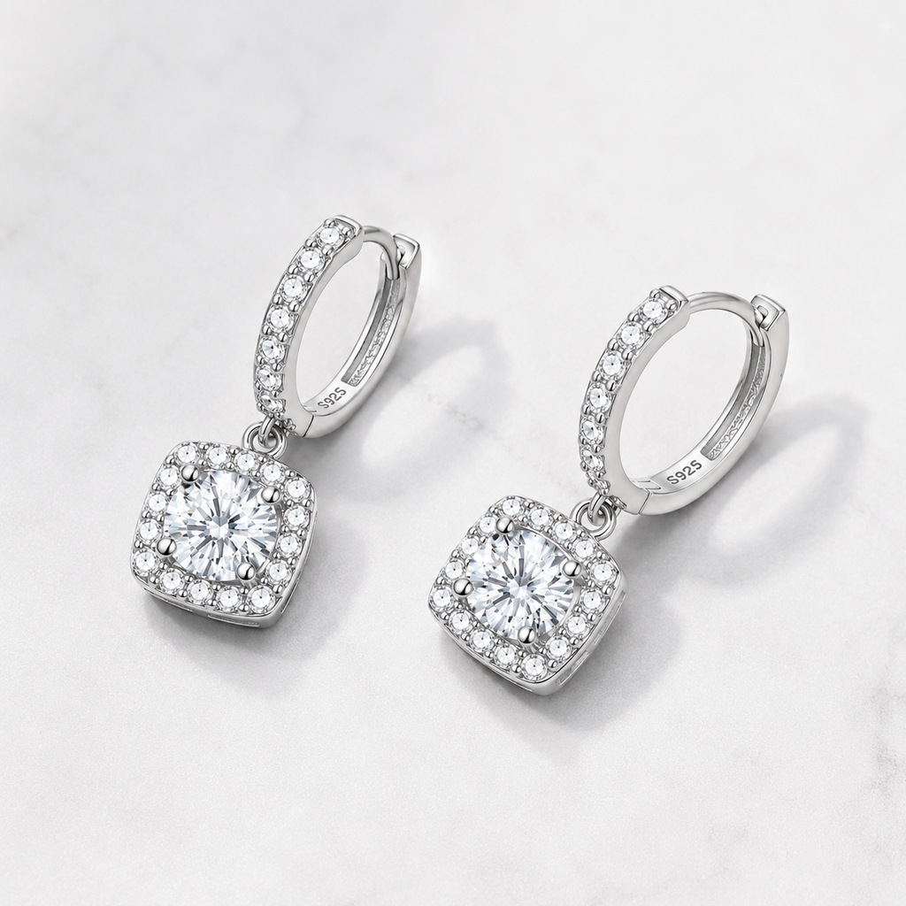Square Halo Moissanite Earrings – Sterling Silver Diamond Alternative