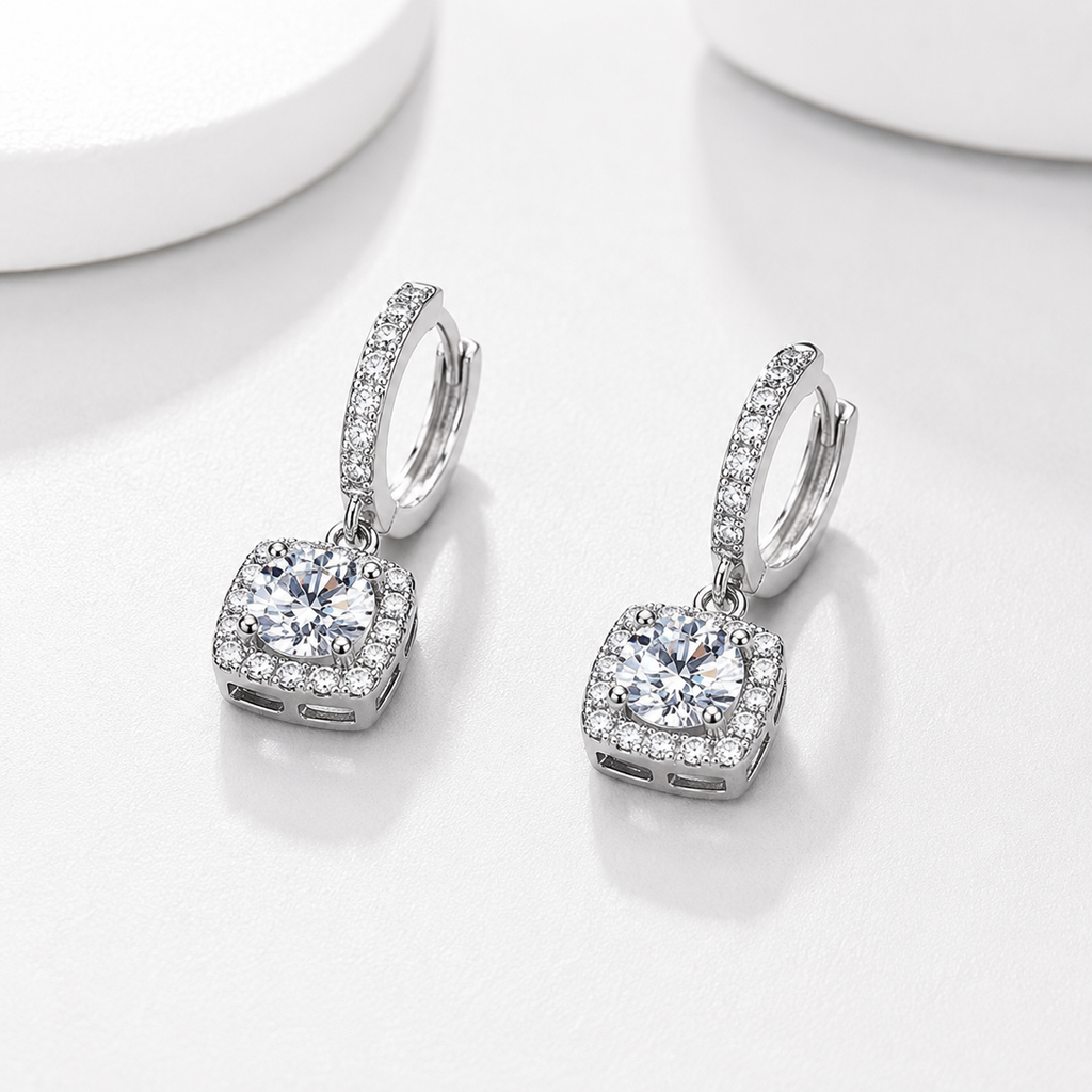 Square Halo Moissanite Earrings – Sterling Silver Diamond Alternative