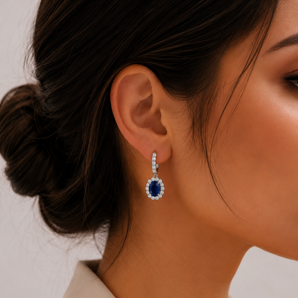 Royal Blue Teardrop Earrings – Halo Cubic Zirconia Statement Earrings