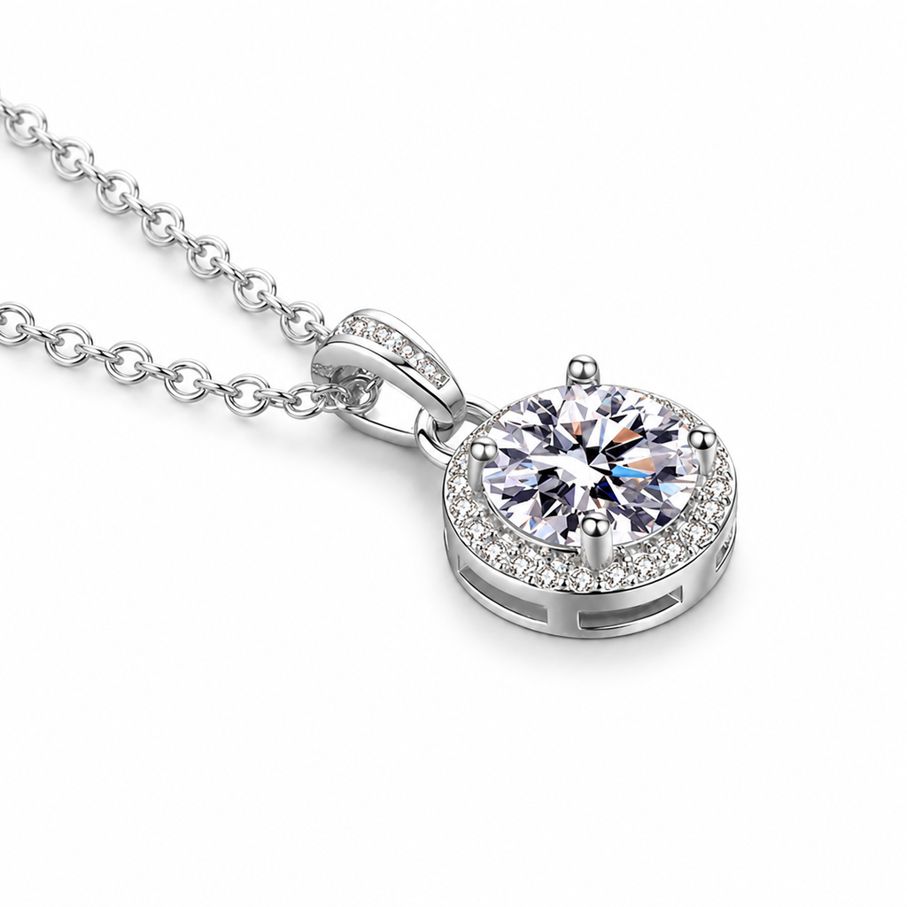 925 Sterling Silver Real Moissanite Round Halo Pendant Necklace Women Gift