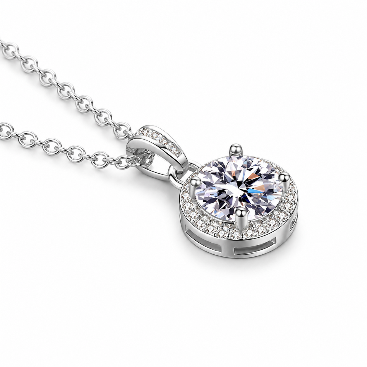 925 Sterling Silver Real Moissanite Round Halo Pendant Necklace Women Gift