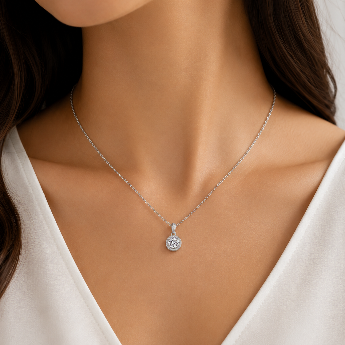 925 Sterling Silver Real Moissanite Round Halo Pendant Necklace Women Gift