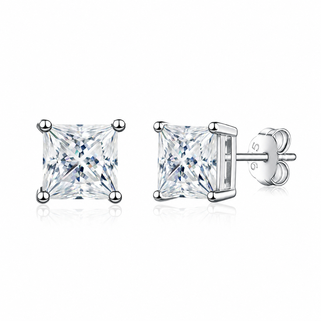 Princess Cut Moissanite Stud Earrings – 925 Sterling Silver D Color VVS1