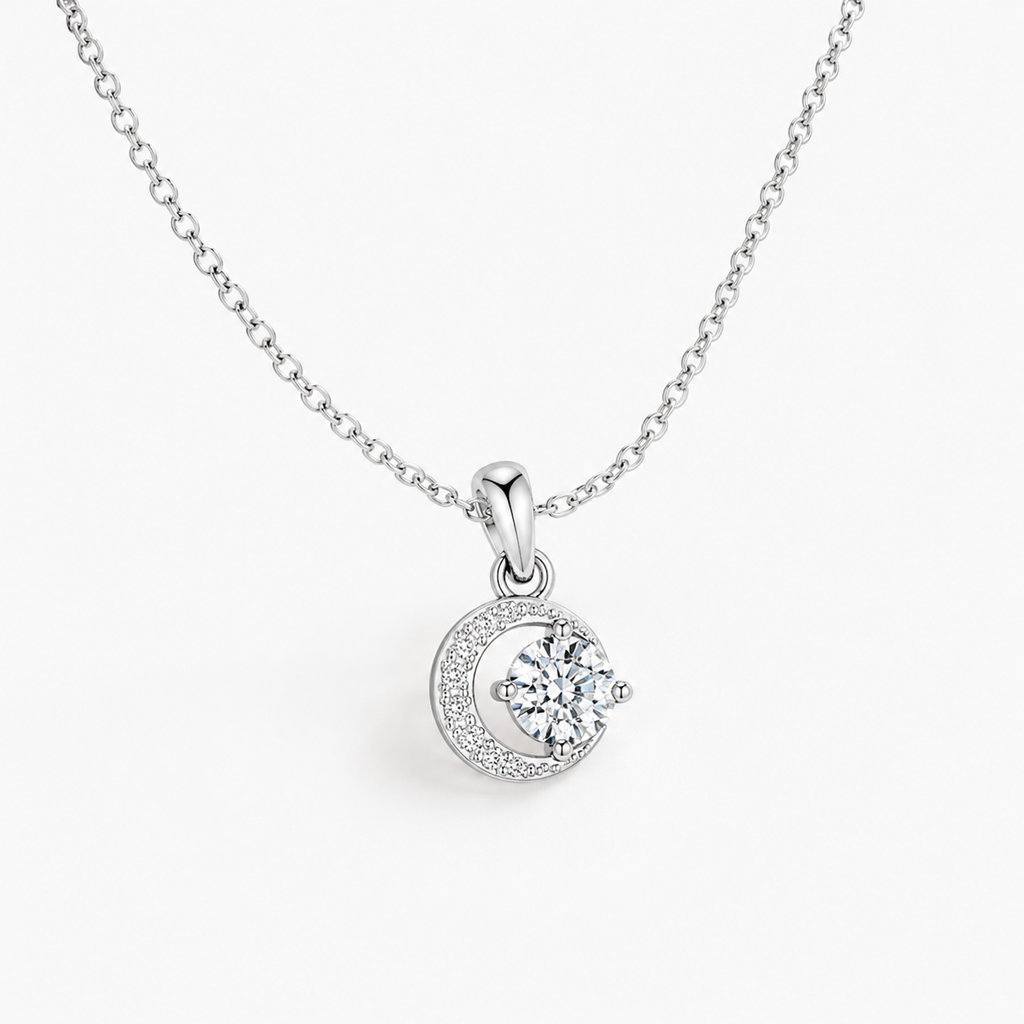 925 Sterling Silver D Color Moissanite Moon Halo Pendant Necklace Women Gift