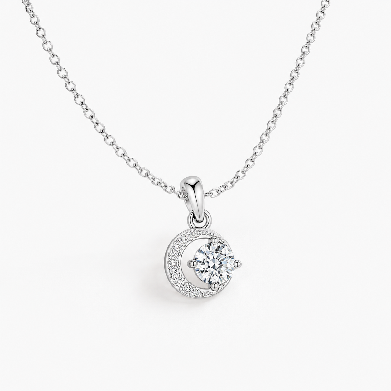 925 Sterling Silver D Color Moissanite Moon Halo Pendant Necklace Women Gift