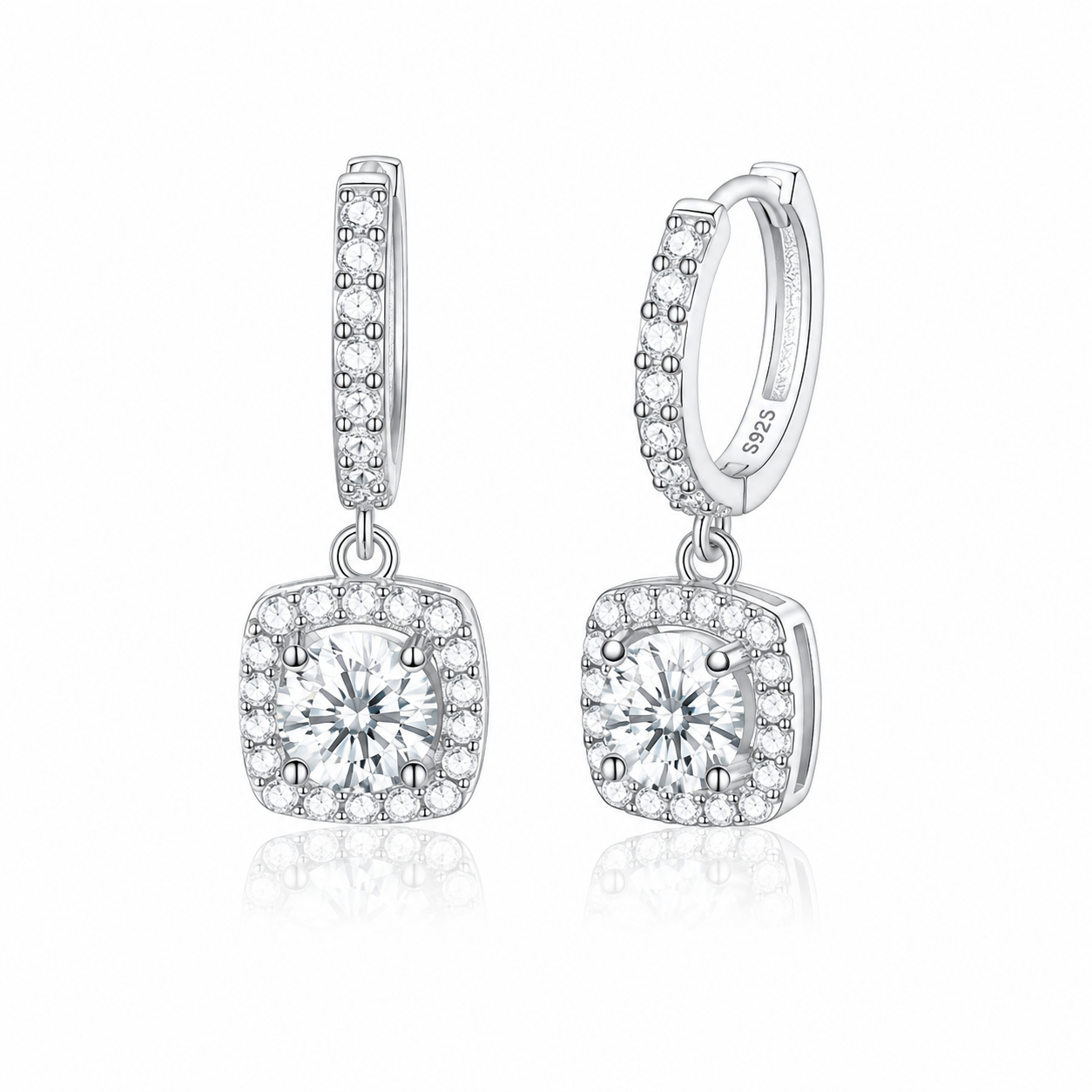 Square Halo Moissanite Earrings – Sterling Silver Diamond Alternative