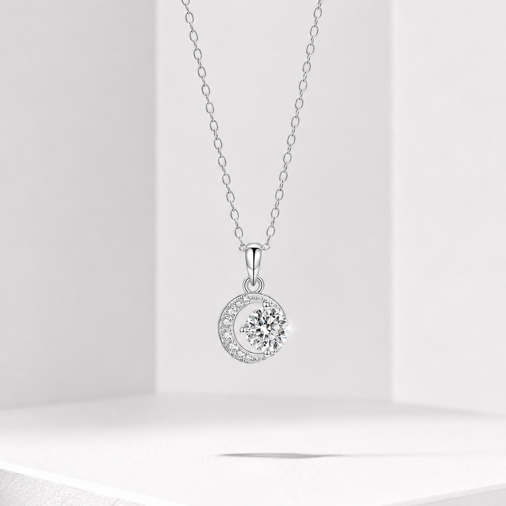 925 Sterling Silver D Color Moissanite Moon Halo Pendant Necklace Women Gift
