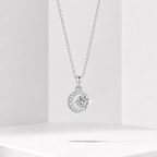 925 Sterling Silver D Color Moissanite Moon Halo Pendant Necklace Women Gift