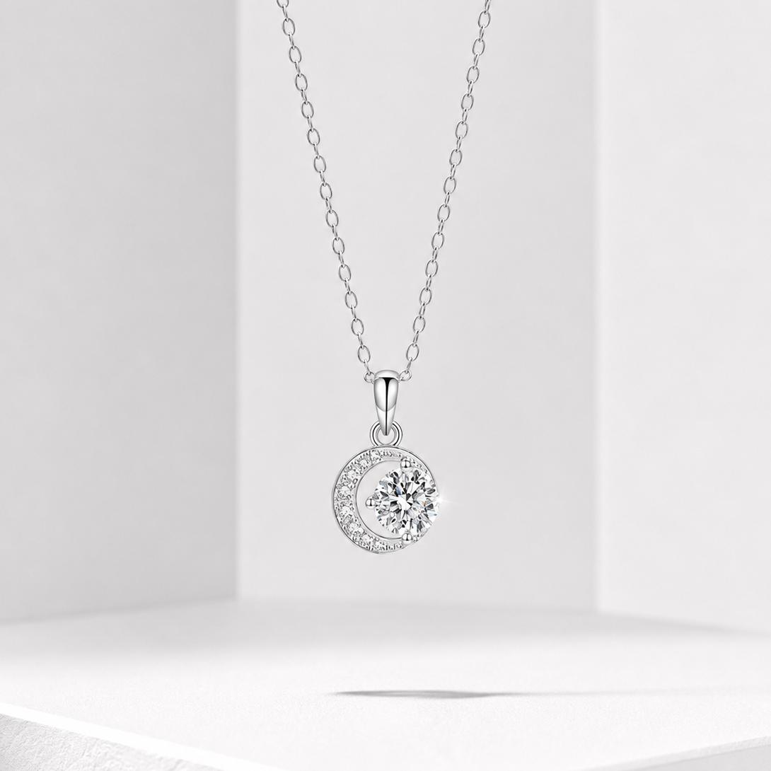 925 Sterling Silver D Color Moissanite Moon Halo Pendant Necklace Women Gift