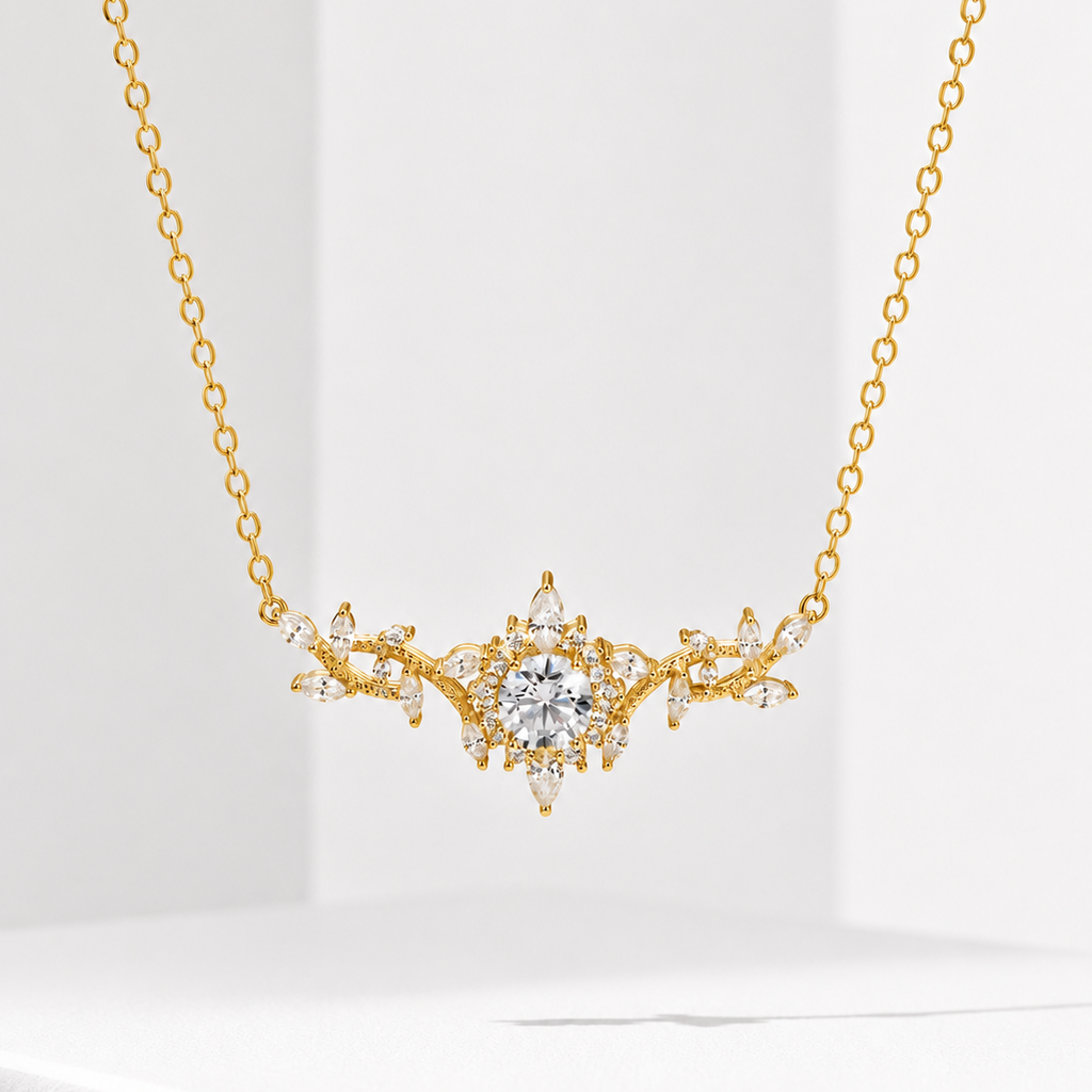 Certified Moissanite Floral Necklace – 14K Gold Filled Luxury Pendant for Women