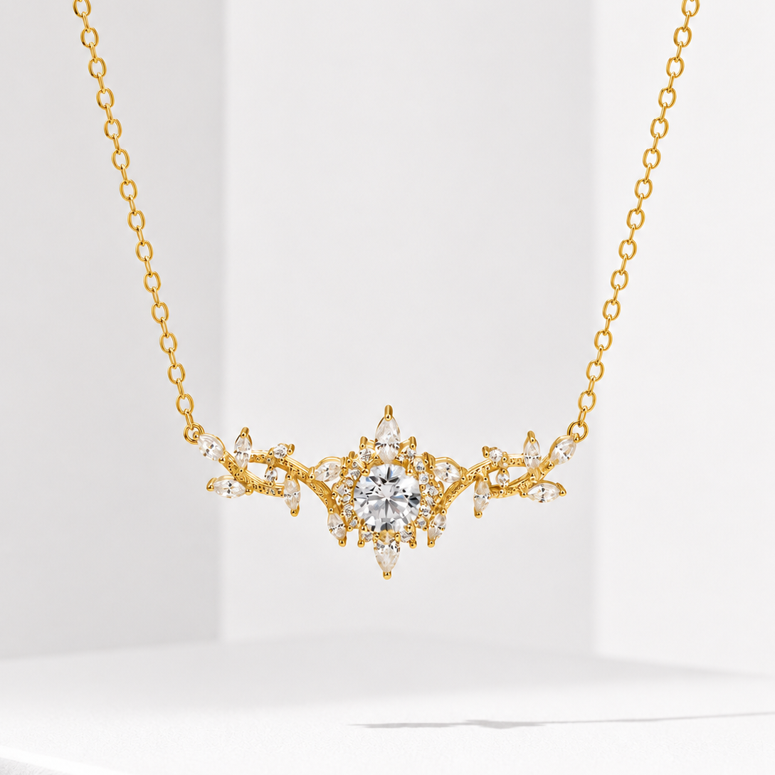 Certified Moissanite Floral Necklace – 14K Gold Filled Luxury Pendant for Women