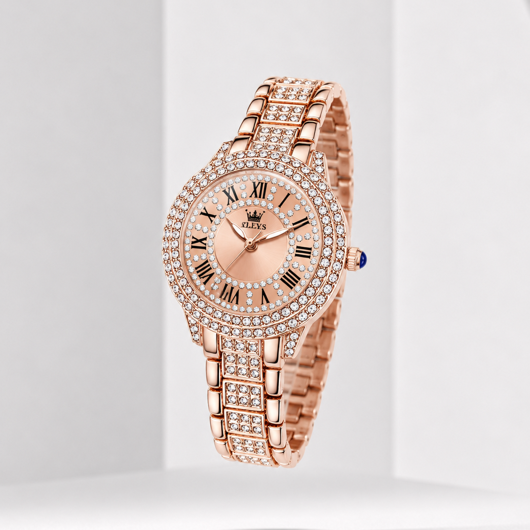 Elegant Rose Gold Women's Watch – Crystal Bezel Roman Dial Waterproof Watch