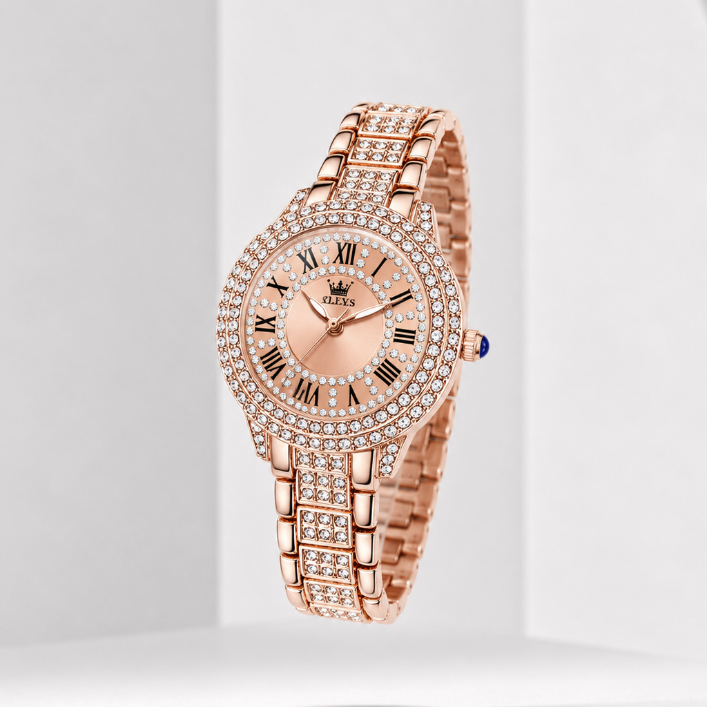 Elegant Rose Gold Women's Watch – Crystal Bezel Roman Dial Waterproof Watch