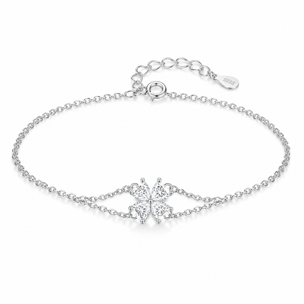 925 Sterling Silver CZ Double Layer Heart Flower Bracelet Women Adjustable