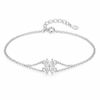 925 Sterling Silver CZ Double Layer Heart Flower Bracelet Women Adjustable