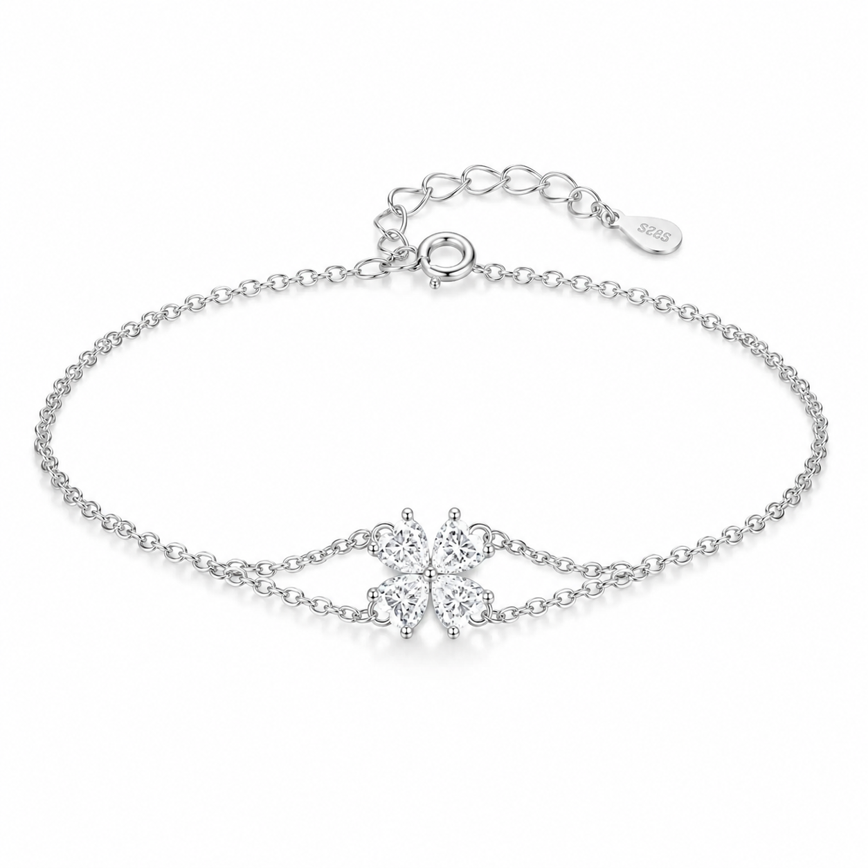 925 Sterling Silver CZ Double Layer Heart Flower Bracelet Women Adjustable