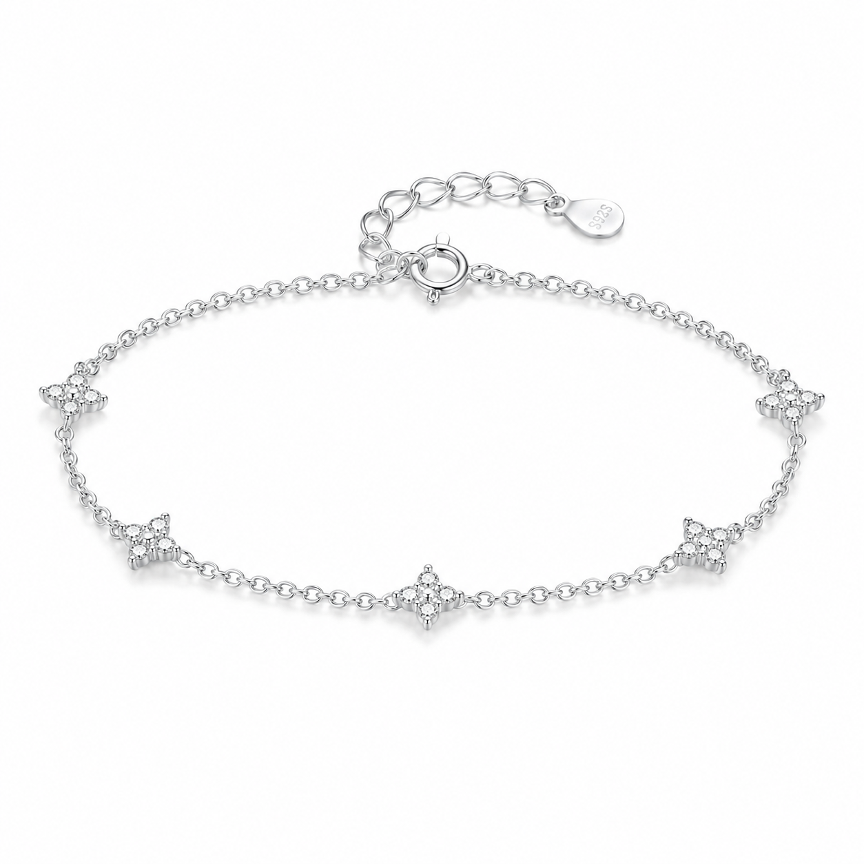 925 Sterling Silver CZ Mini Flower Bracelet Women Dainty Pave Chain Gift Her