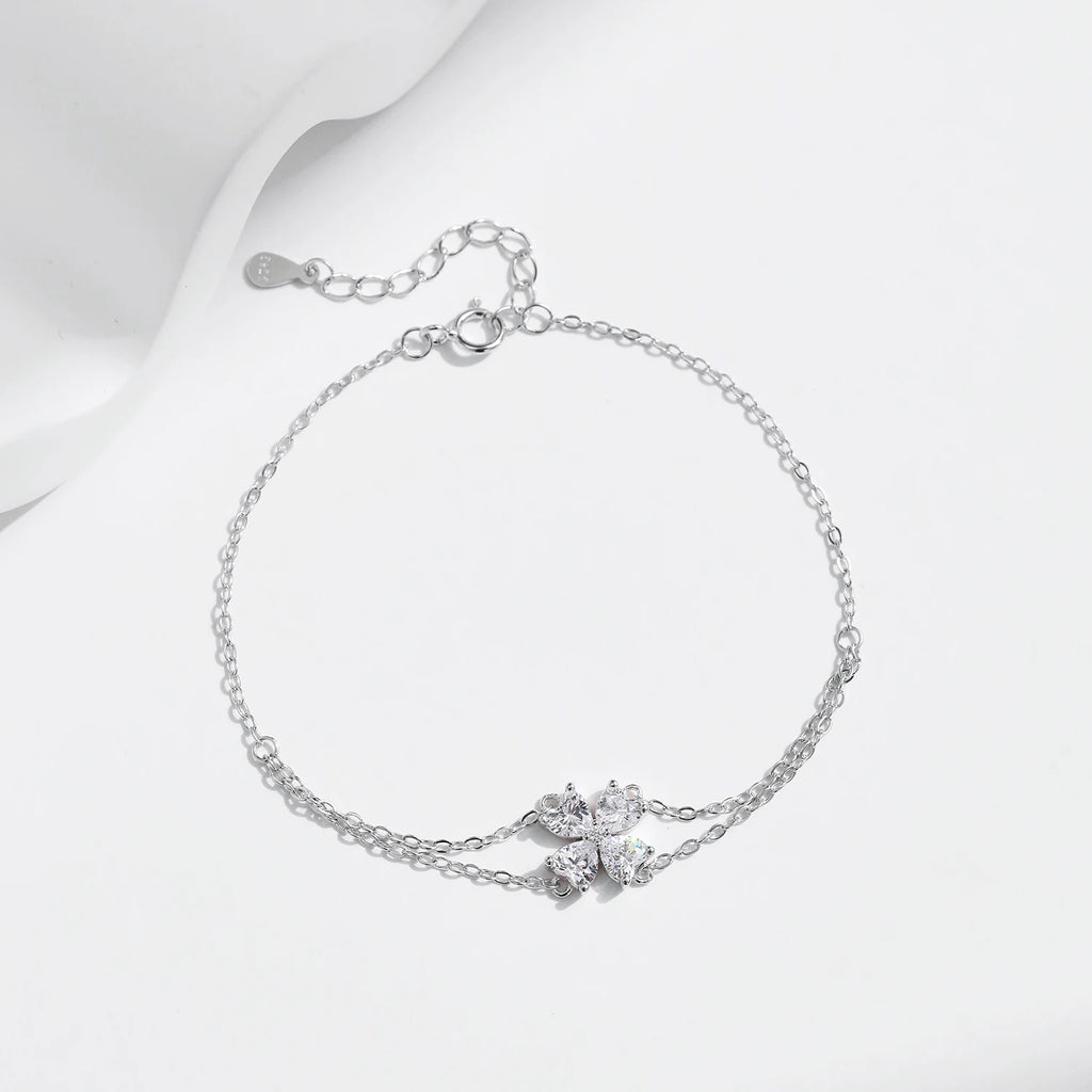 925 Sterling Silver CZ Double Layer Heart Flower Bracelet Women Adjustable