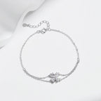 925 Sterling Silver CZ Double Layer Heart Flower Bracelet Women Adjustable