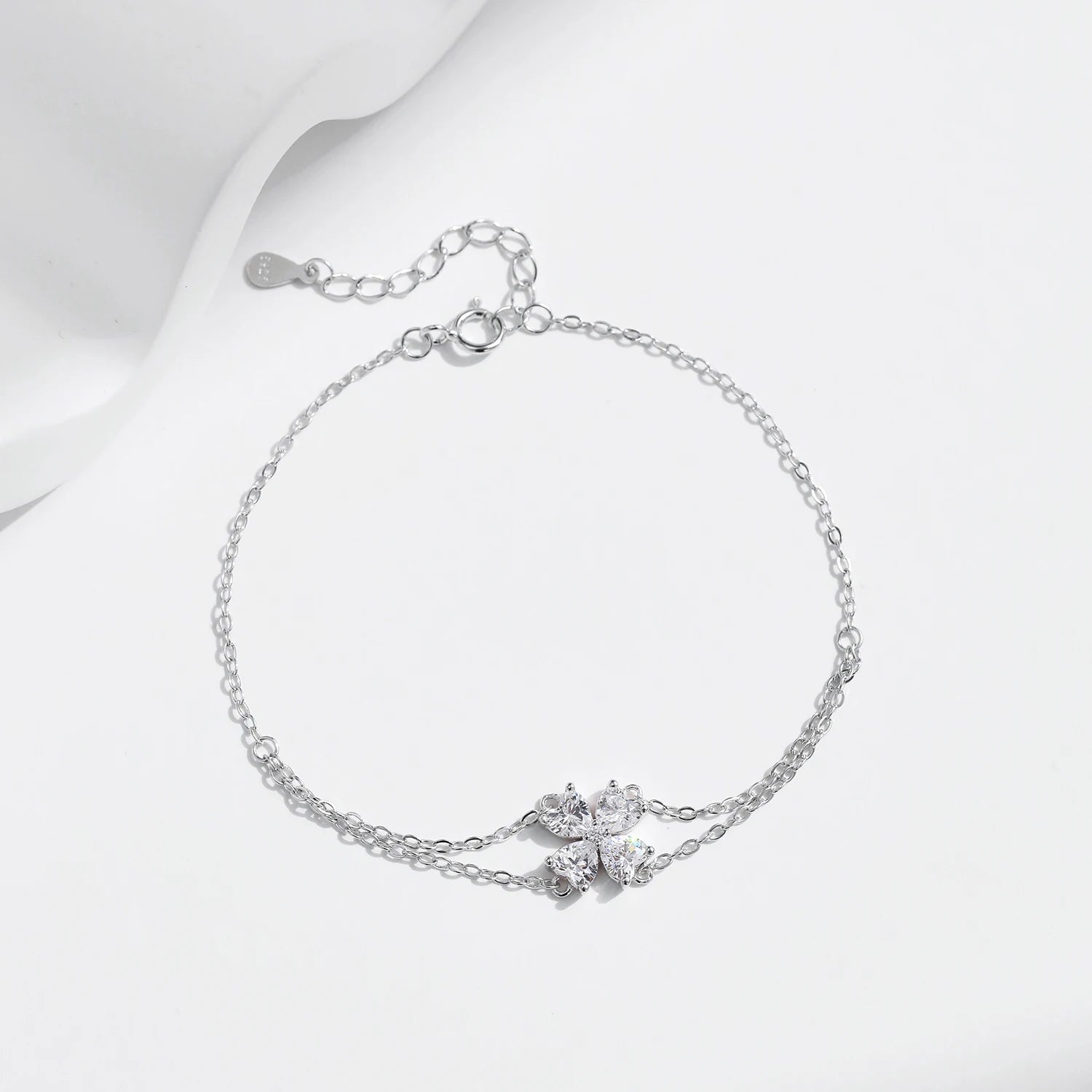 925 Sterling Silver CZ Double Layer Heart Flower Bracelet Women Adjustable