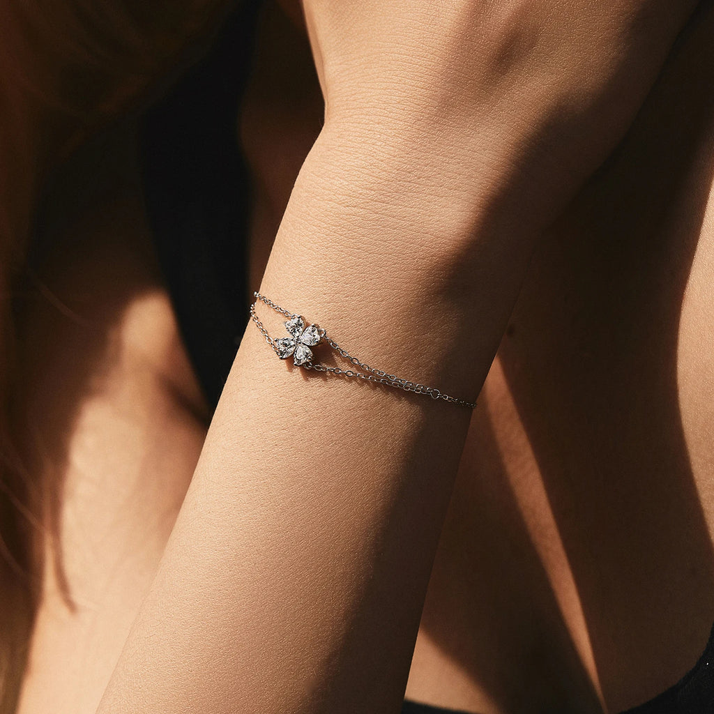 925 Sterling Silver CZ Double Layer Heart Flower Bracelet Women Adjustable