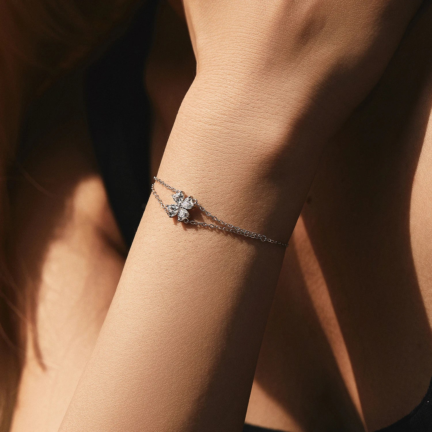 925 Sterling Silver CZ Double Layer Heart Flower Bracelet Women Adjustable