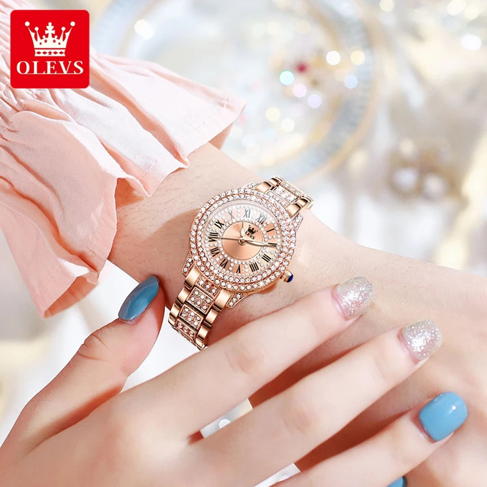 Elegant Rose Gold Women's Watch – Crystal Bezel Roman Dial Waterproof Watch