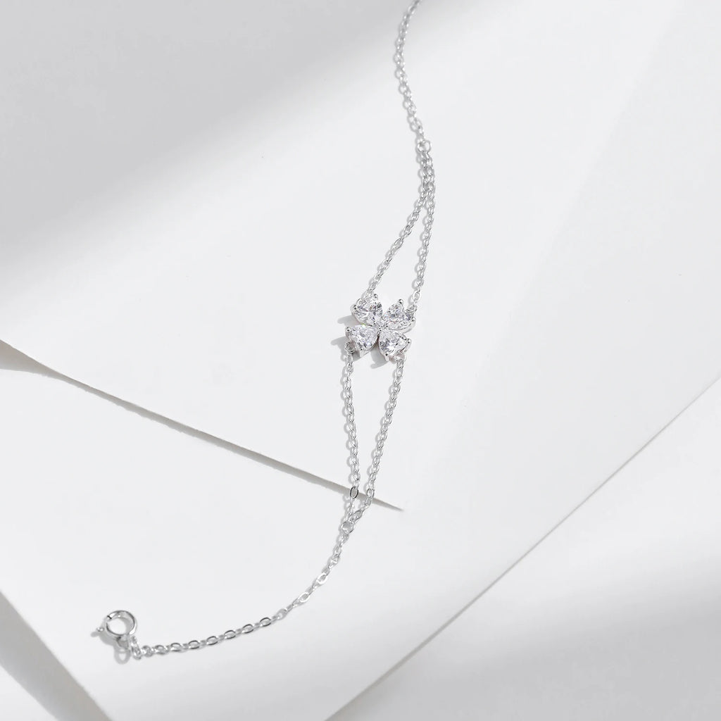 925 Sterling Silver CZ Double Layer Heart Flower Bracelet Women Adjustable