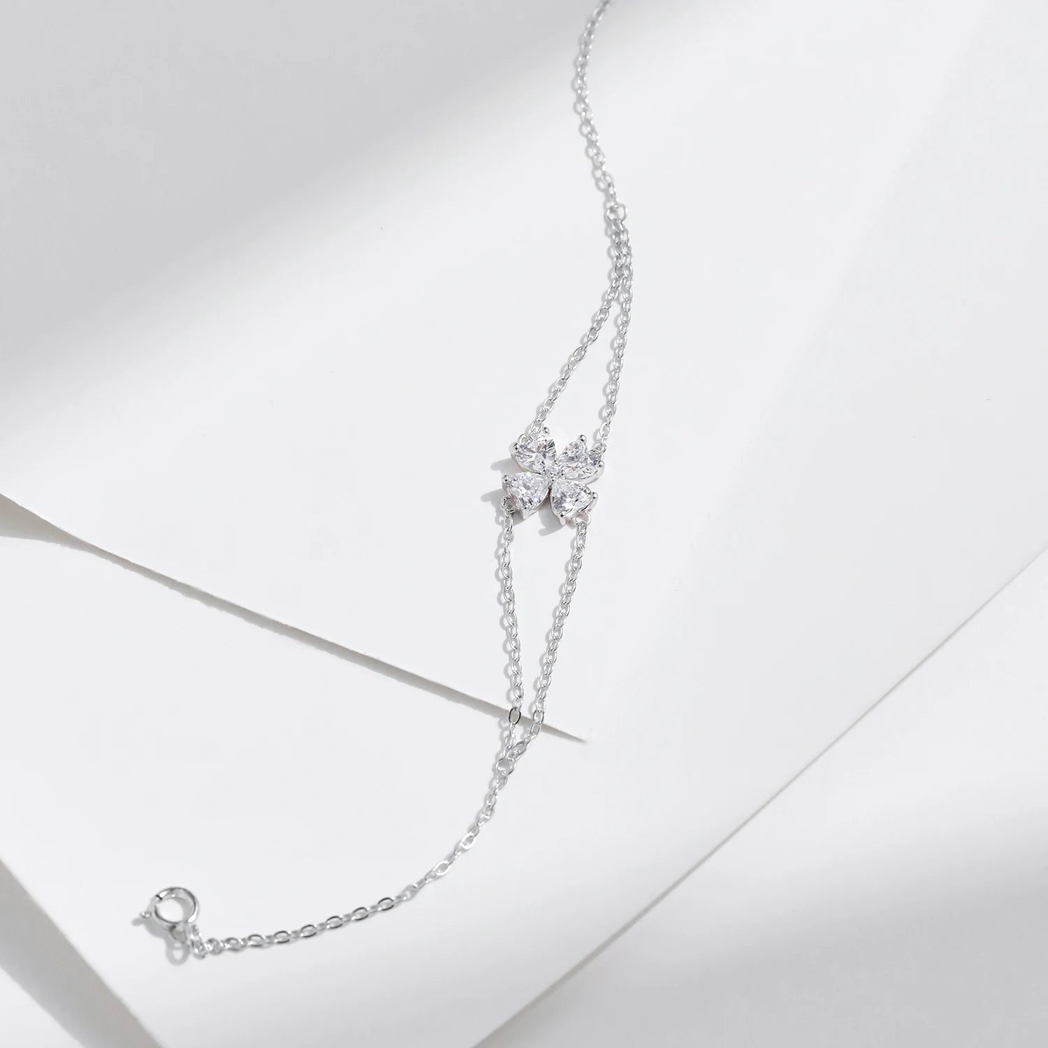 925 Sterling Silver CZ Double Layer Heart Flower Bracelet Women Adjustable