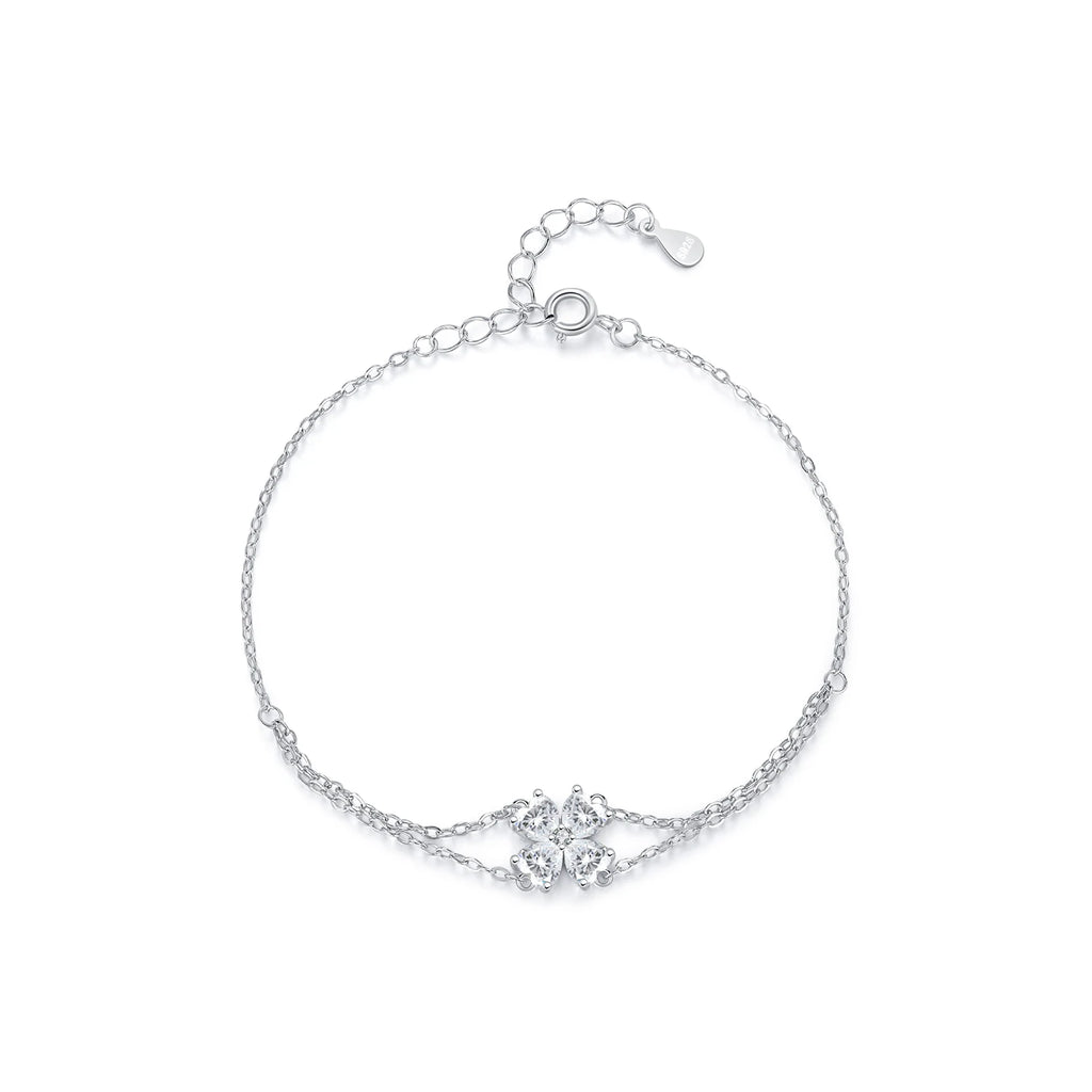 925 Sterling Silver CZ Double Layer Heart Flower Bracelet Women Adjustable