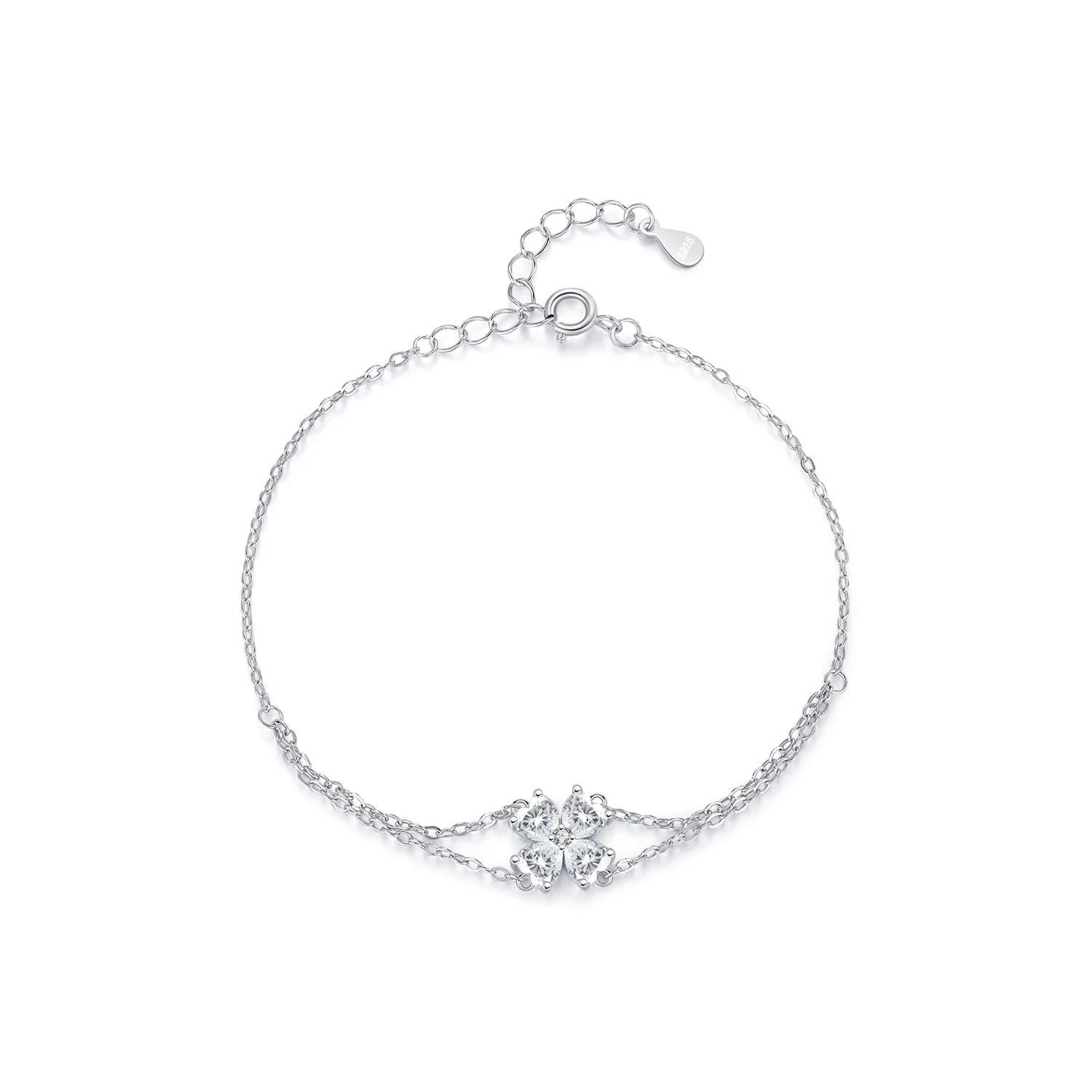 925 Sterling Silver CZ Double Layer Heart Flower Bracelet Women Adjustable