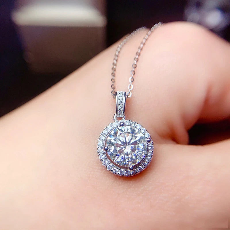 925 Sterling Silver Real Moissanite Round Halo Pendant Necklace Women Gift