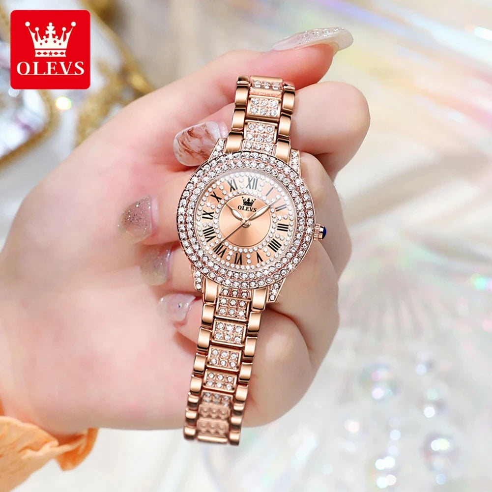 Elegant Rose Gold Women's Watch – Crystal Bezel Roman Dial Waterproof Watch