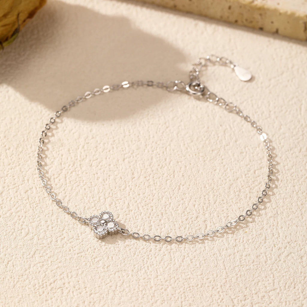 925 Sterling Silver CZ Four Leaf Clover Bracelet Women Dainty Stackable Gift