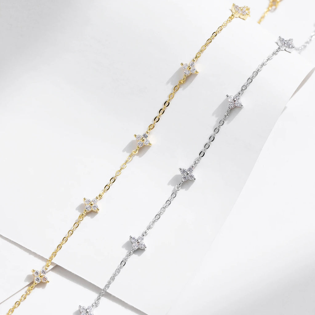 925 Sterling Silver CZ Mini Flower Bracelet Women Dainty Pave Chain Gift Her