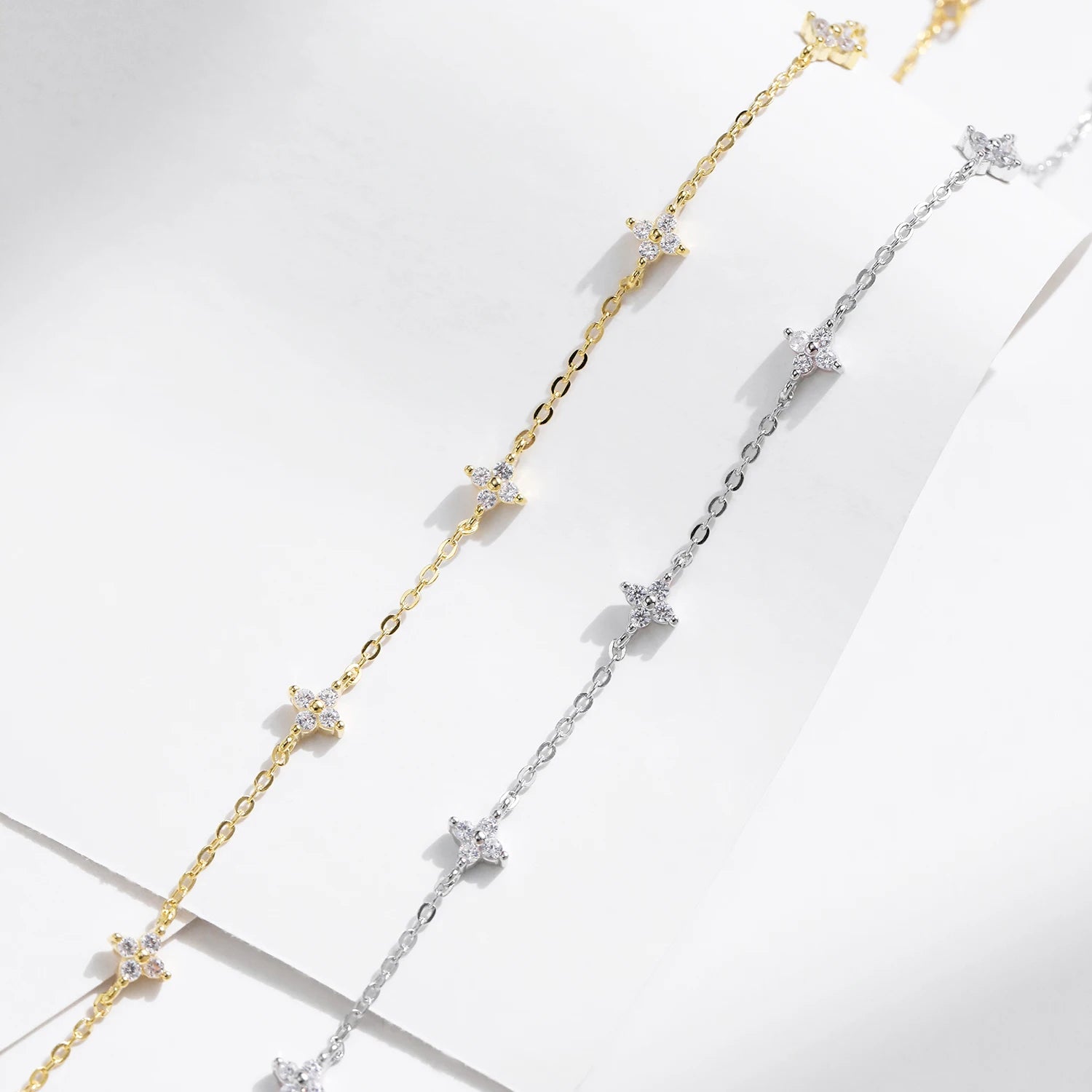925 Sterling Silver CZ Mini Flower Bracelet Women Dainty Pave Chain Gift Her