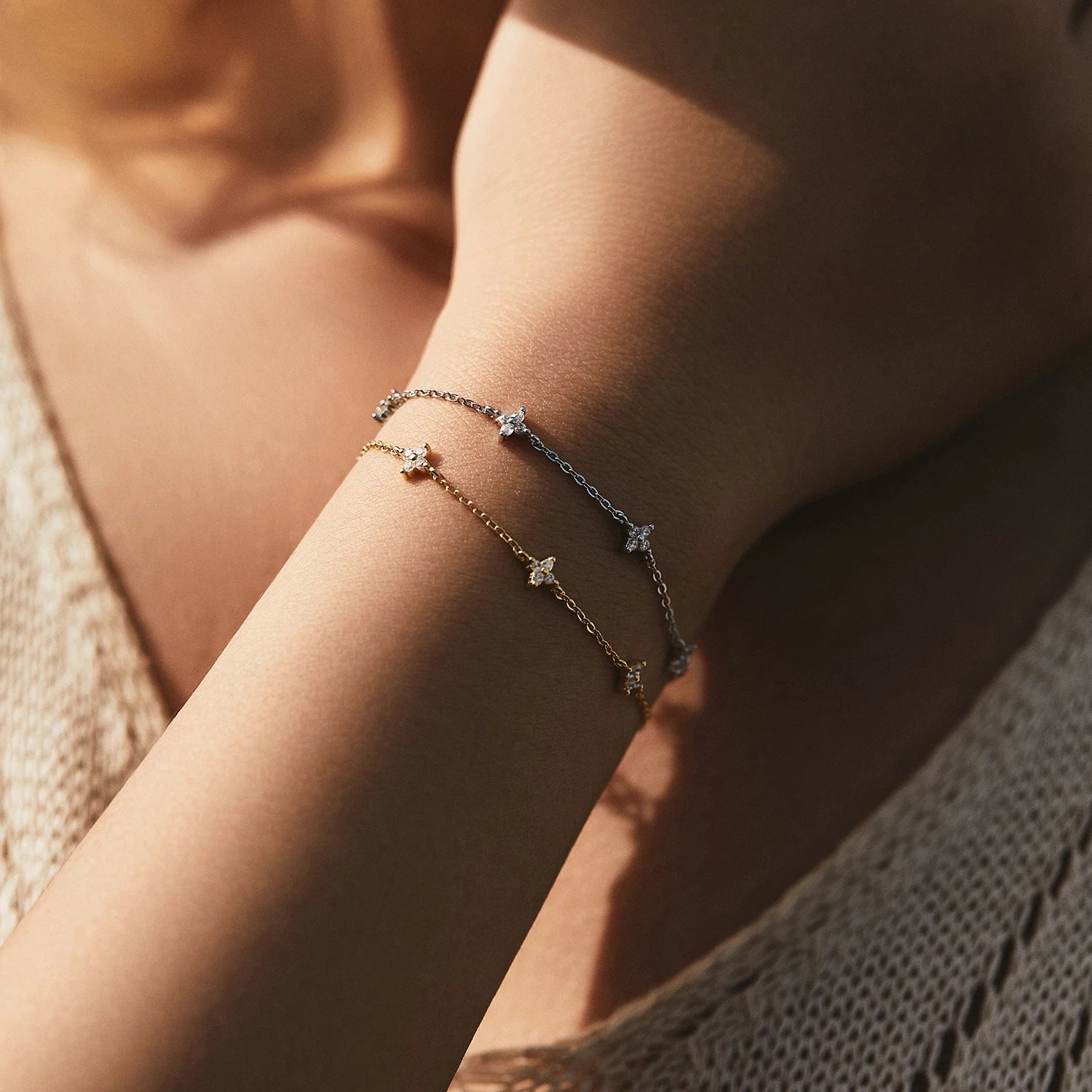 925 Sterling Silver CZ Mini Flower Bracelet Women Dainty Pave Chain Gift Her