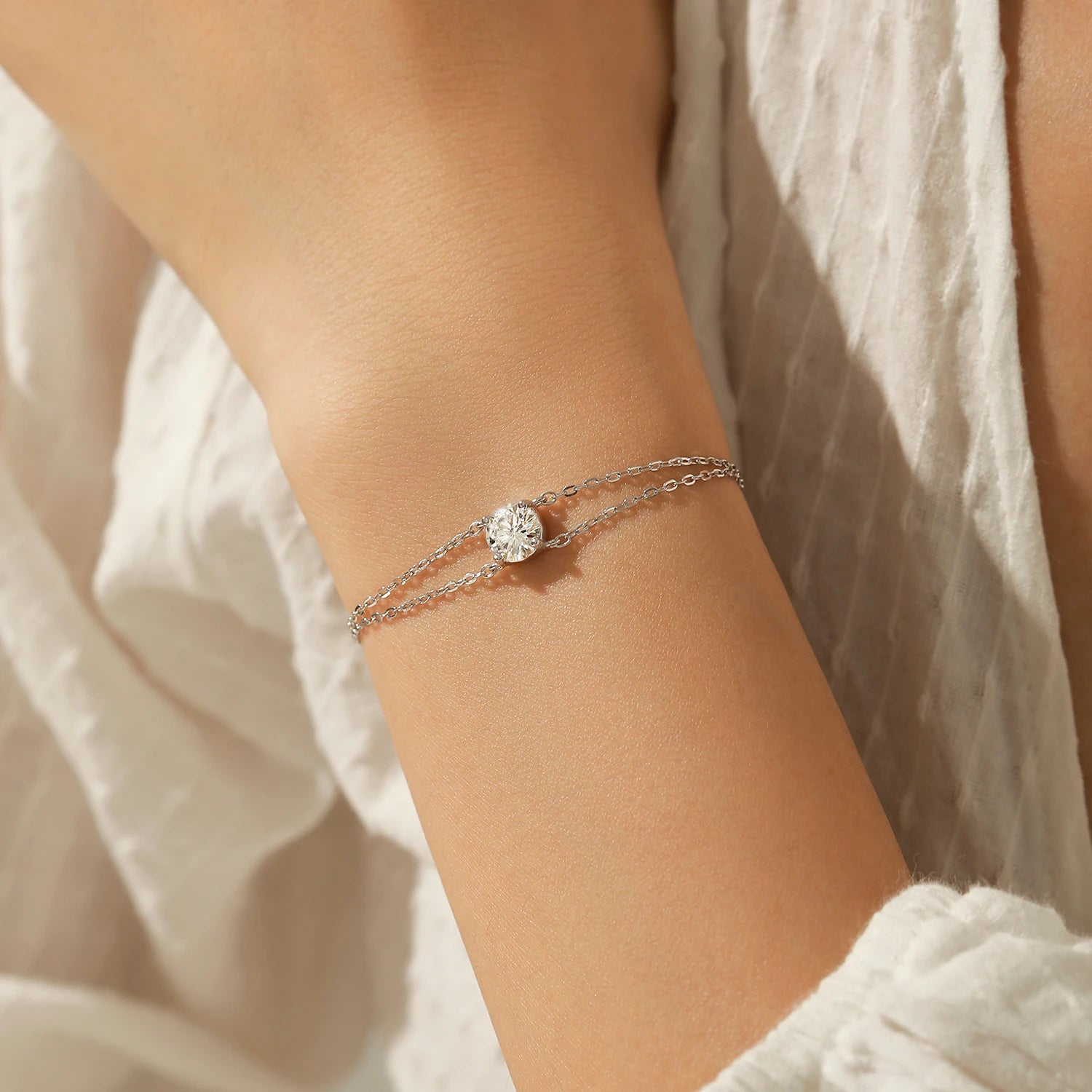 925 Sterling Silver 1CT D Color Moissanite Double Layer Bracelet Women Bridal
