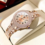 Elegant Rose Gold Women's Watch – Crystal Bezel Roman Dial Waterproof Watch