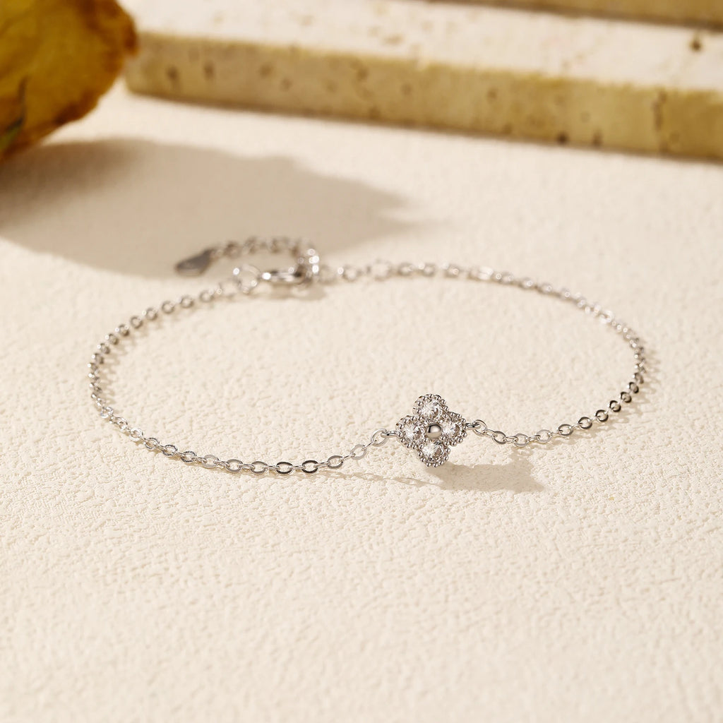 925 Sterling Silver CZ Four Leaf Clover Bracelet Women Dainty Stackable Gift
