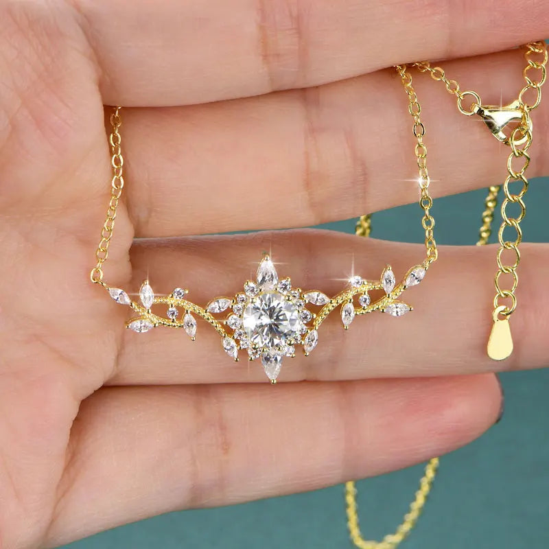 Certified Moissanite Floral Necklace – 14K Gold Filled Luxury Pendant for Women